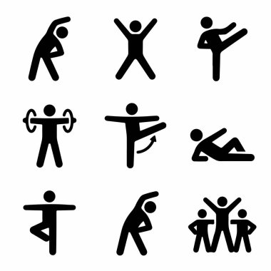 Esneme, halter, yoga ve grup egzersizleri de dahil olmak üzere farklı spor ve spor pozisyonlarındaki insanları gösteren dokuz basit siyah piktogramdan oluşan bir koleksiyon..