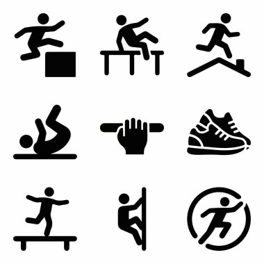 Siyah simge simgelerinin toplanması parkur ve serbest çalışma eylemlerini gösteriyor. Atlamayı, atlamayı, tırmanmayı, takla atmayı ve şehir dışı ekstrem spor kavramları için dengeyi sağlamayı içerir..