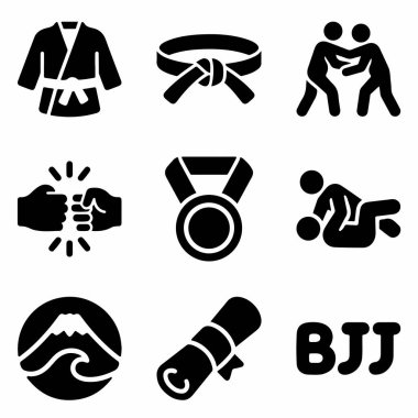 Brezilya Jiu Jitsu 'suyla ilgili koyu siyah sembol seti. Gi, kemer, yakalama, yarışma madalyası, yer dövüşü ve BJJ sembolleri içerir.