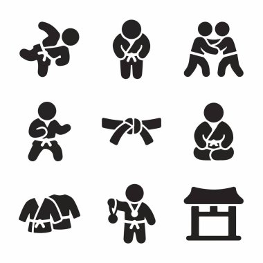 Japon dövüş sanatlarının judo ve karate gibi çeşitli yönlerini temsil eden dokuz siyah ve beyaz simge koleksiyonu. Atışlar, üniformalar, kemerler ve dojo unsurları da dahil..