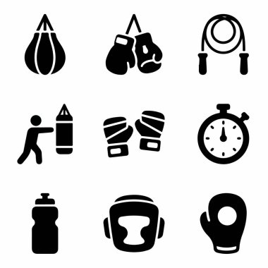 Hız torbası, eldiven, atlama ipi, kum torbası, kronometre, su şişesi ve koruyucu başlık içeren dokuz adet katı siyah simge içeren bir vektör seti..