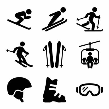 Kayak aktivitelerini ve ekipmanları temsil eden dokuz vektör ikonundan oluşan bir koleksiyon. Kayakçı, kayakçı, direkler, miğfer, gözlük, bot ve sandalye kaldırma dahil..