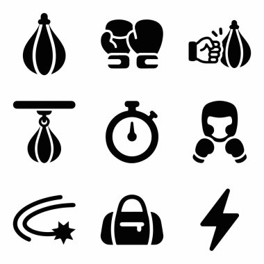 Kum torbası, eldiven, kronometre, boksör, spor çantası ve hız ve güç sembolleri de dahil olmak üzere boks ve fitness aktivitelerini temsil eden dokuz vektör simgesinden oluşan bir koleksiyon..