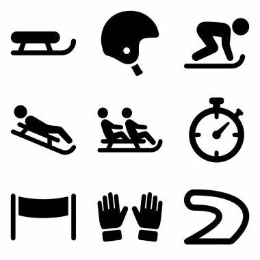 Kızak, kask ve pist de dahil olmak üzere kızak ve iskeletten oluşan Olimpiyat sporları için ekipman ve eylemleri temsil eden dokuz siyah siluet simgesi koleksiyonu..