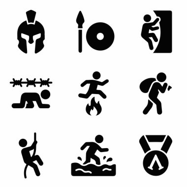 Duvara tırmanma, ateş atlaması ve halat tırmanma gibi engelli yarış unsurlarını temsil eden siyah piktogramlar ve Spartalı miğfer, mızrak ve kalkan gibi antik savaşçı sembolleri..