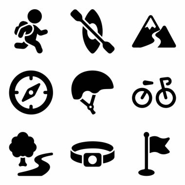 Yürüyüş, kano sporu, bisiklet ve dağ tırmanışı gibi doğa aktivitelerini temsil eden dokuz katı simgenin yanı sıra pusula ve kask gibi ilgili ekipmanlardan oluşan bir koleksiyon..