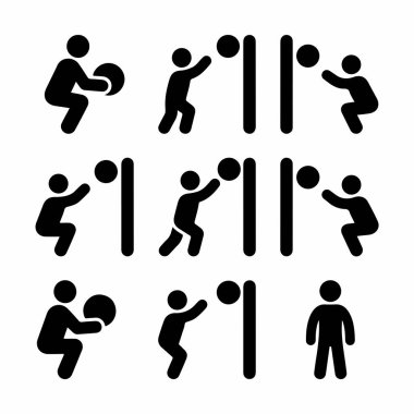Duvar topu ya da tıp topu fırlatma egzersizi yapan birini gösteren basit siyah piktogramlar koleksiyonu. Set, antrenmanın çömelme, fırlatma ve ayakta kalma gibi çeşitli aşamalarını içerir..
