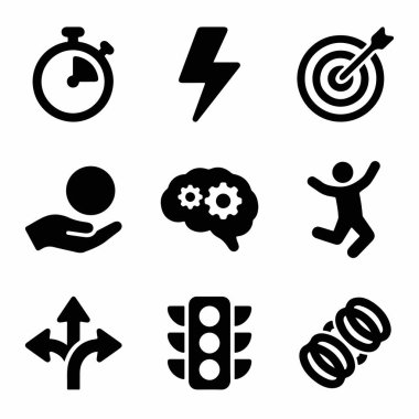 Zaman yönetimi, enerji, hedefler, finans, zeka, başarı, karar verme, kontrol ve esneklik gibi kavramları temsil eden çok yönlü bir simge kümesi.