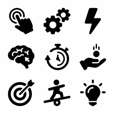 Fikir, hedef, denge, zaman ve zihin gibi kavramları temsil eden dokuz basit siyah ikondan oluşan bir derleme. Web tasarımı, sunumlar ve bilgi grafikleri için kullanışlı.