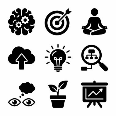 Beyin fırtınası, hedefler, farkındalık, bulut yüklemesi, fikirler, analiz, görme, büyüme ve sunum gibi kavramları temsil eden dokuz siyah katı simgenin bir derlemesi.