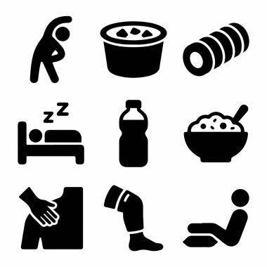 Esneme, uyku, beslenme, hidrasyon ve yaralanma bakımı gibi egzersiz sonrası iyileşme konseptlerini temsil eden dokuz siyah katı ikonun toplanması. Sağlıklı bir yaşam tarzı için vektör sembolleri.
