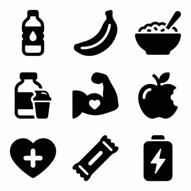 Sağlıklı bir yaşam tarzını temsil eden dokuz basit vektör ikonundan oluşan bir derleme. Gıda, egzersiz, takviye ve enerji dahil. Beyaz bir arkaplanda izole edilmiş.