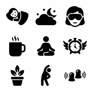 Uyku, uyanma, meditasyon ve sabah rutinlerini temsil eden dokuz tane simge. Dinlenme, alarm, kahve ve dengeli bir yaşam için esneme sembolleri içerir..