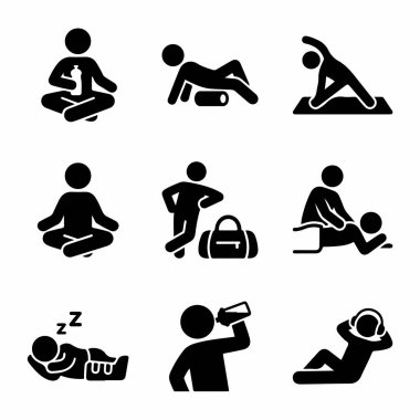Beyaz arka planda dokuz tane siyah resim koleksiyonu. İkonlar meditasyon yapan, esneyen, köpük silindiri kullanan, masaj yaptıran, uyuyan, içme suyu içen ve rahatlatan insanları tasvir ediyor..