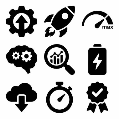 Performans, hız, veri analizi ve yenilik gibi kavramları temsil eden dokuz siyah katı simgeden oluşan bir set. Roket, hız göstergesi, beyin ve kalite sembolleri içerir.