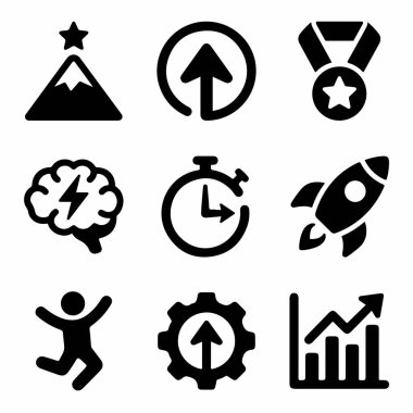 Bir roket, madalya, beyin ve büyüme grafiği de dahil olmak üzere başarıyla ilgili dokuz düz siyah simge koleksiyonu. İlerleme, hedef ve başlangıç başarısı simgeleri.