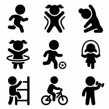 Koşu, futbol, bisiklet, ip atlama, esneme ve halter gibi çeşitli fiziksel aktivitelerde çocukları tasvir eden dokuz basit siyah ikondan oluşan bir derleme..