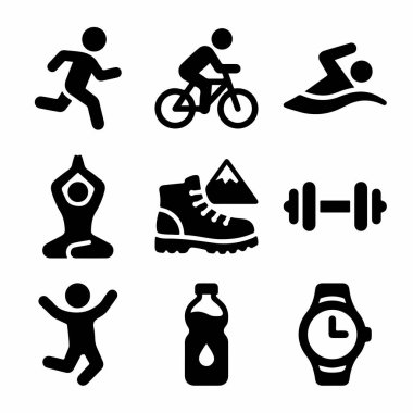 Koşu, bisiklet, yüzme, yoga, yürüyüş ve halter gibi spor ve spor aktivitelerini temsil eden dokuz siyah vektör ikonundan oluşan bir koleksiyon..