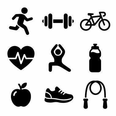 Koşu, yoga, halter, bisiklet ve diyet ve hidrasyon gibi sağlıklı alışkanlıklar gibi sağlık ve spor aktivitelerini temsil eden dokuz basit simge koleksiyonu..