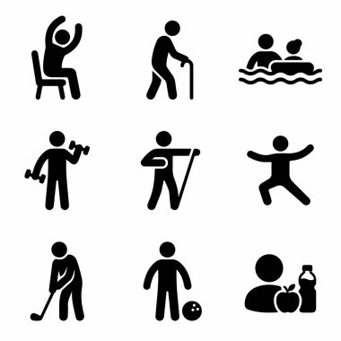Yüzme, golf, bovling ve sağlıklı bir yaşam tarzı için ağırlık eğitimi gibi çeşitli spor aktivitelerine katılan yaşlıları gösteren siyah piktogramlar..
