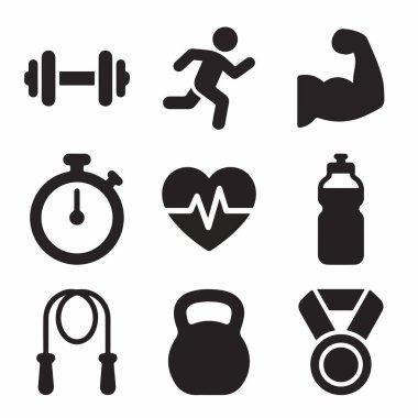Formu, egzersizi ve sağlıklı bir yaşam tarzını temsil eden dokuz basit siyah sembolden oluşan bir derleme. Dambıl, koşu, kas, kronometre, kalp, şişe ve madalya içerir.