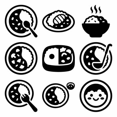 Japon körili pirincini tasvir eden dokuz monokrom vektör ikonu koleksiyonu. Tabaklar, kaseler, bir bento kutusu ve sevimli bir karakter yüz tasarımı içerir..