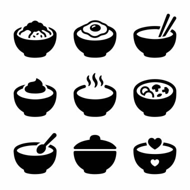 Erişte, çorba, yumurtalı pilav ve sıcak yemek de dahil olmak üzere dokuz basit siyah vektör ikonundan oluşan bir derleme. Restoran menüleri ya da yemek uygulamaları için mükemmel..