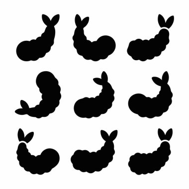 Siyah siluet şeklinde dokuz kızarmış karides tempura ikonu koleksiyonu. Japon yemek menüleri veya deniz ürünleri tasarımları için grafiksel vektör çizimi.