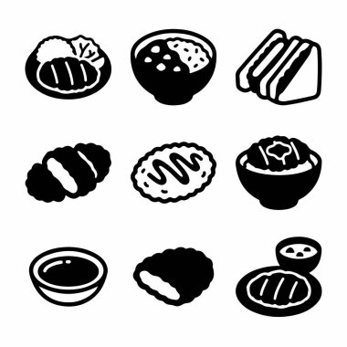 Tonkatsu, köri pilavı, katsu sando ve korokke gibi çeşitli Japon gıda ürünlerini temsil eden dokuz basit tek renkli ikon koleksiyonu. İzole vektör grafik kümesi.