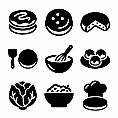 Çeşitli yemek malzemelerini temsil eden dokuz basit sembolden oluşan bir koleksiyon ve krep, pasta, karıştırma kabı, çırpma kabı, lahana ve bir aşçı şapkası da dahil olmak üzere mutfak aletleri..