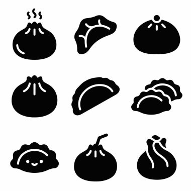 Buharda pişmiş çörekler, gyoza, wontonlar ve xiaolongbao gibi çeşitli Asya yemeklerini temsil eden dokuz adet siyah katı kabartma sembolü. Menüler veya uygulamalar için basit vektör çizimleri.