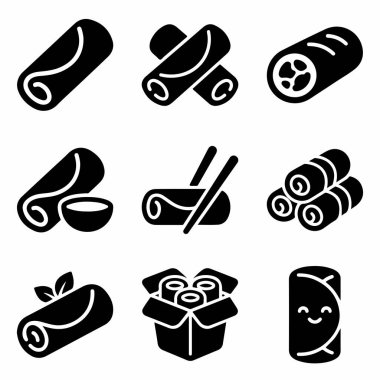 Dokuz tane siyah beyaz börek ikonu koleksiyonu. Bekar, istiflenmiş ve dilimlenmiş dürümler, sos, yemek çubukları, paket servis kutusu ve sevimli bir kawaii karakteri içeriyor..