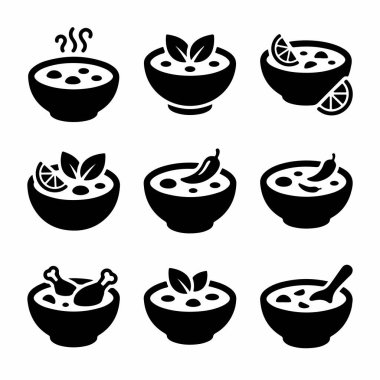 Çorba kâselerini tasvir eden dokuz basit siyah siluet simgesi koleksiyonu. Buhar, şifalı otlar, acı biber, limon, tavuk ve bir kaşık çeşitleri vardır. Beyaz bir arkaplanda izole edilmiş.