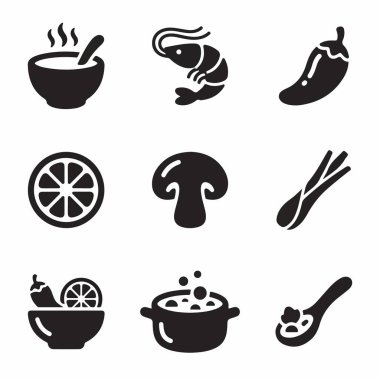 İçinde karides, acı biber, limon ve mantar içeren baharatlı Tayland Tom Yum çorbası malzemelerini temsil eden dokuz siyah katı kabartma sembolü koleksiyonu..
