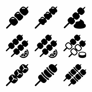 Şişler üzerinde Dango, Yakitori ve kushiyaki de dahil olmak üzere çeşitli Japon sokak yiyeceklerini temsil eden dokuz adet siyah sembol..