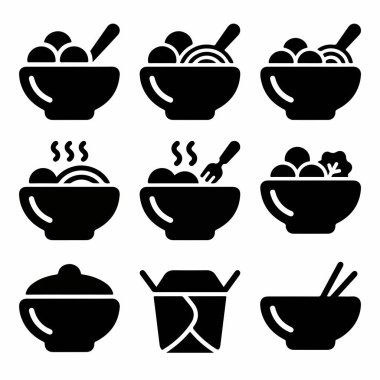 Erişte gibi çeşitli Asya yemeklerini temsil eden dokuz basit siyah ve beyaz simge koleksiyonu ve yemek çubuklarıyla kaselerde çorba ve klasik bir paket servis kabı..