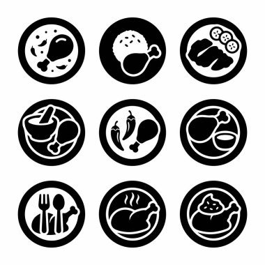 Kızarmış kümes hayvanları, baharatlı but çubukları ve pirinçli yemekler de dahil olmak üzere çeşitli tavuk yemeklerini betimleyen dokuz basit sembol..