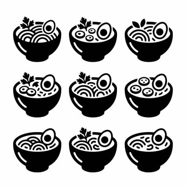 Japon ramen kaselerini tasvir eden dokuz basit, tek renkli vektör ikonu koleksiyonu. Her ikon, beyaz bir arka planda izole edilmiş, temiz, cesur ve minimalist bir şekilde sunulan erişte, haşlanmış yumurta ve garnitür içerir..