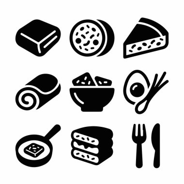 Dokuz basit siyah yiyecek ikonundan oluşan bir koleksiyon. Tereyağı, sosis, turta, krep, sandviç, kızarmış yumurta ve tava, çatal ve bıçak gibi pişirme aletleri içeriyor. Menüler ya da uygulamalar için mükemmel.