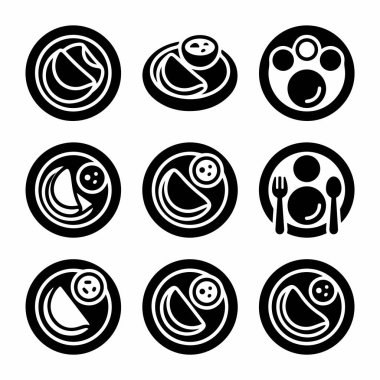 Tabaklarda yumurta, kavun dilimleri ve çatal bıçak gibi çeşitli yemek düzenlerini gösteren dokuz basit, dairesel siyah sembol koleksiyonu. Beyaz bir arkaplanda izole edilmiş.