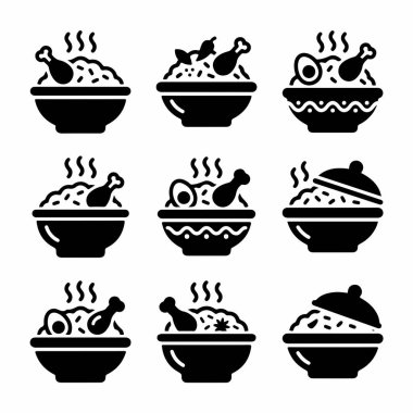 Buharda pişmiş tavuk buğulamalı pirinç kaselerini gösteren dokuz basit simge koleksiyonu. Yumurta, bitki ve kapak çeşitlerini içerir. Yemek menüleri ya da uygulamalar için mükemmel..