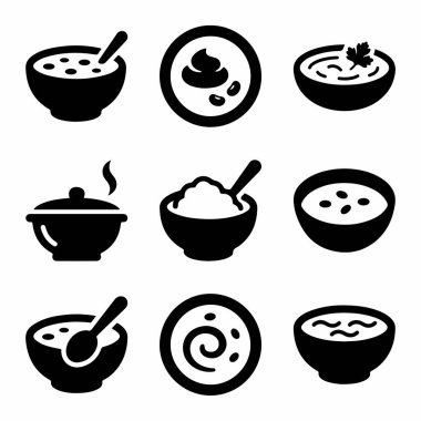 Çorba, yulaf lapası veya güveç gibi çeşitli yemek kaselerini temsil eden dokuz basit siyah siluet ikonundan oluşan bir koleksiyon. Kaşık, buhar ve süslemeli ikonlar içerir.