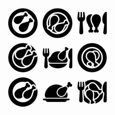 Tavuk yemeklerini temsil eden dokuz basit siyah kabartma simge koleksiyonu. Sette kızarmış tavuk, tabakta but ve çatal-bıçak gibi çatal-bıçak setleri bulunuyor..