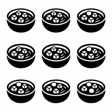 Japon miso çorbasını temsil eden dokuz özdeş minimalist ikon koleksiyonu. Her ikonda çorba, tofu ve garnitürle birlikte bir kase var. İzole vektör grafik illüstrasyonu.