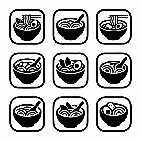 Japon erişte çorbasının değişik stillerini yemek çubukları ve kaşıklarla tasvir eden dokuz adet siyah ve beyaz grafik ikonu. Menüler veya logolar için basit vektör gıda sembolleri.