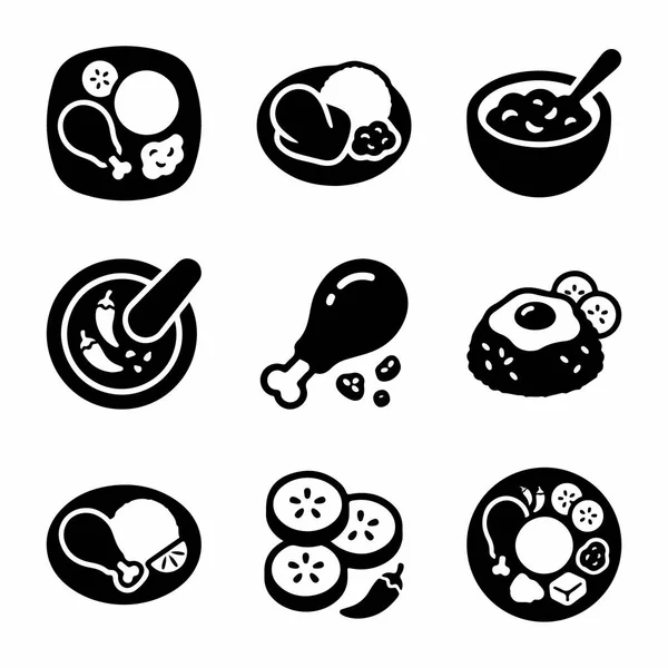 Beyaz arka planda, tavuk budu, yumurta kasesi havan topuzu, salatalık dilimi gibi çeşitli öğünleri tasvir eden dokuz basit siyah yiyecek ikonu..