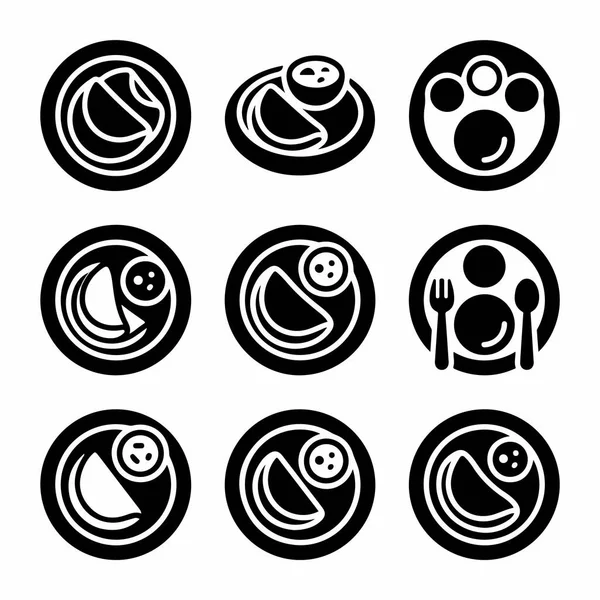 Tabaklarda yumurta, kavun dilimleri ve çatal bıçak gibi çeşitli yemek düzenlerini gösteren dokuz basit, dairesel siyah sembol koleksiyonu. Beyaz bir arkaplanda izole edilmiş.