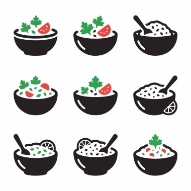 Sağlıklı yiyecek kaselerini gösteren basit vektör simgelerinin toplanması. Çeşitli salata tasarımları ve domates, maydanoz ve limonlu süslemeler içerir..