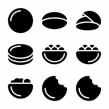 Katı siyah kabartma şeklinde dokuz minimalist gıda ikonu koleksiyonu. Set, kurabiyeler, çörekler, mochi ve kase dolusu abur cubur için ikonlar içeriyor, bütün, istiflenmiş, ısırılmış ve kırılmış..