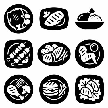 Kızarmış tavuk, ızgara biftek, kebap, hamburger ve tavuk kanadı gibi popüler yiyecekleri temsil eden dokuz katı siyah simge koleksiyonu. Menü tasarımı için mükemmel.